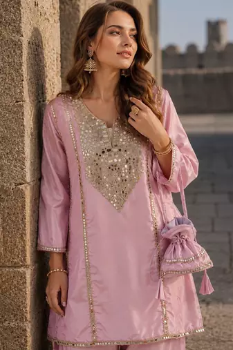 lavender silk blend readymade suit with real mirror & embroidery work