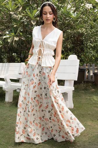 Ivory printed cotton maxi skirt
