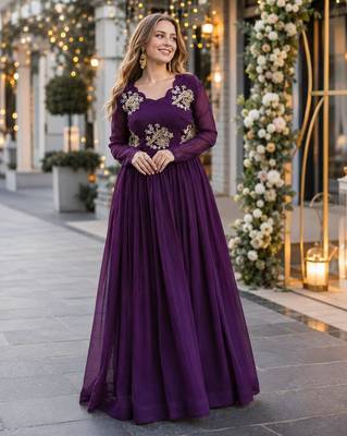 purple silk blend readymade anarkali suit with embroidery & zari Sequin work 1