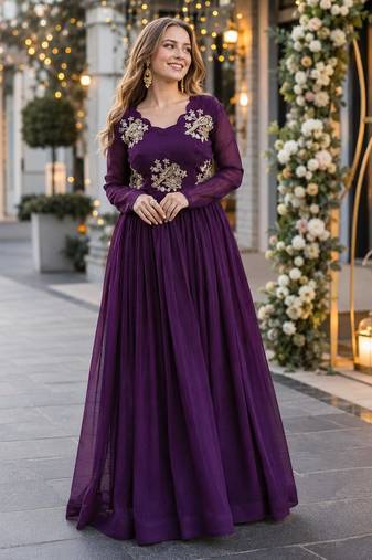 purple silk blend readymade anarkali suit with embroidery & zari Sequin work
