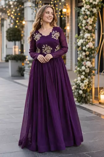 purple silk blend readymade anarkali suit with embroidery & zari Sequin work