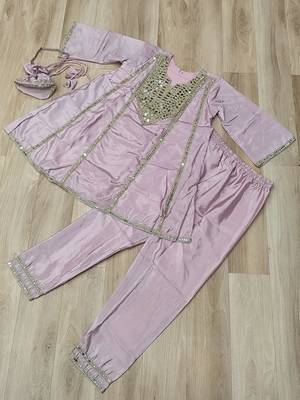 lavender silk blend readymade suit with real mirror & embroidery work 4