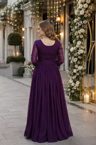 purple silk blend readymade anarkali suit with embroidery & zari Sequin work