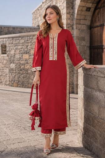 maroon crepe readymade suit with real mirror & embroidery work