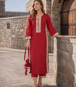 maroon crepe readymade suit with real mirror & embroidery work
