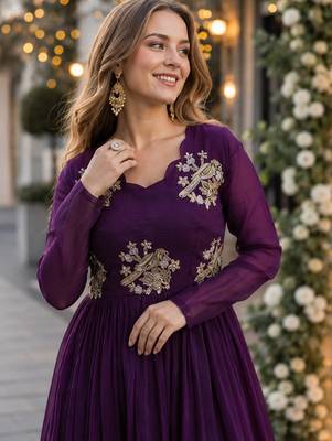 purple silk blend readymade anarkali suit with embroidery & zari Sequin work 3