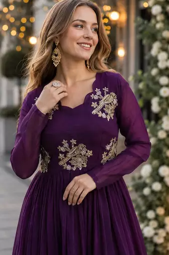 purple silk blend readymade anarkali suit with embroidery & zari Sequin work