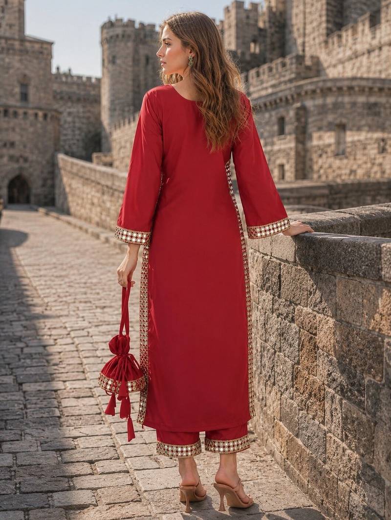 maroon crepe readymade suit with real mirror & embroidery work