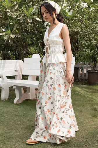 Ivory printed cotton maxi skirt