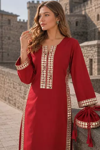 maroon crepe readymade suit with real mirror & embroidery work