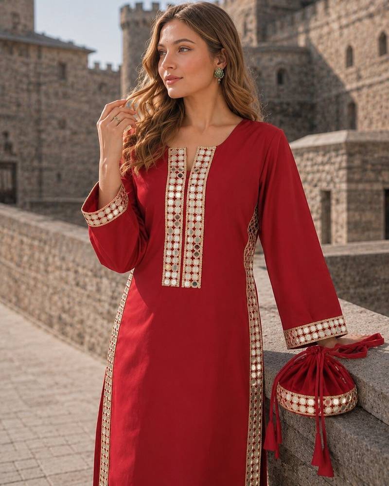 maroon crepe readymade suit with real mirror & embroidery work