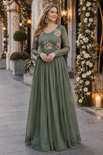pista silk blend readymade anarkali suit with embroidery & zari Sequin work