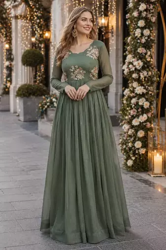 pista silk blend readymade anarkali suit with embroidery & zari Sequin work