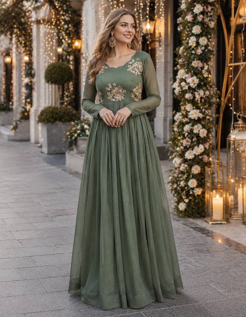 pista silk blend readymade anarkali suit with embroidery & zari Sequin work
