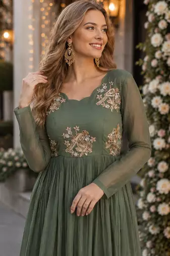 pista silk blend readymade anarkali suit with embroidery & zari Sequin work