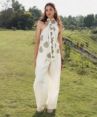 Ivory cotton wide leg trouser 1