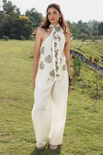 Ivory cotton wide leg trouser