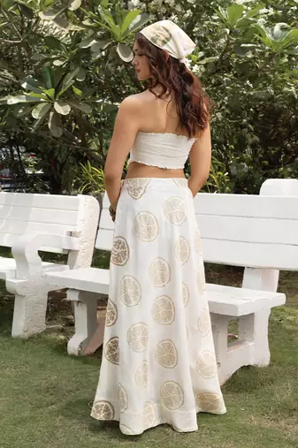 Ivory printed cotton maxi skirt