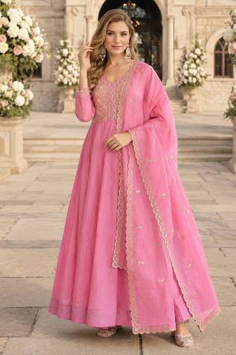 pink silk blend readymade anarkali suit with Sequin & embroidery work
