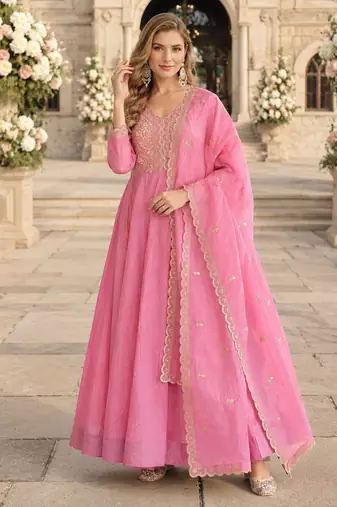 pink silk blend readymade anarkali suit with Sequin & embroidery work