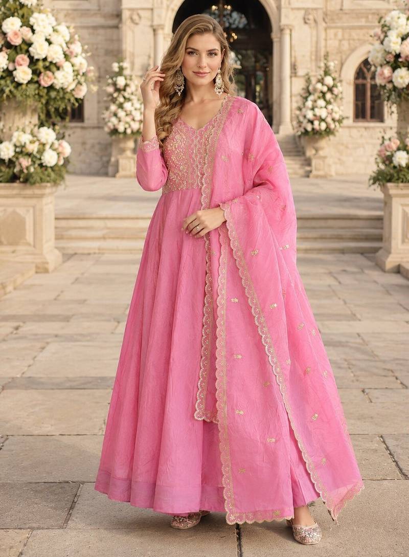 pink silk blend readymade anarkali suit with Sequin & embroidery work