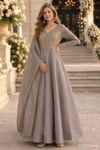 grey silk blend readymade anarkali suit with Sequin & embroidery work