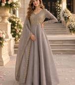 grey silk blend readymade anarkali suit with Sequin & embroidery work