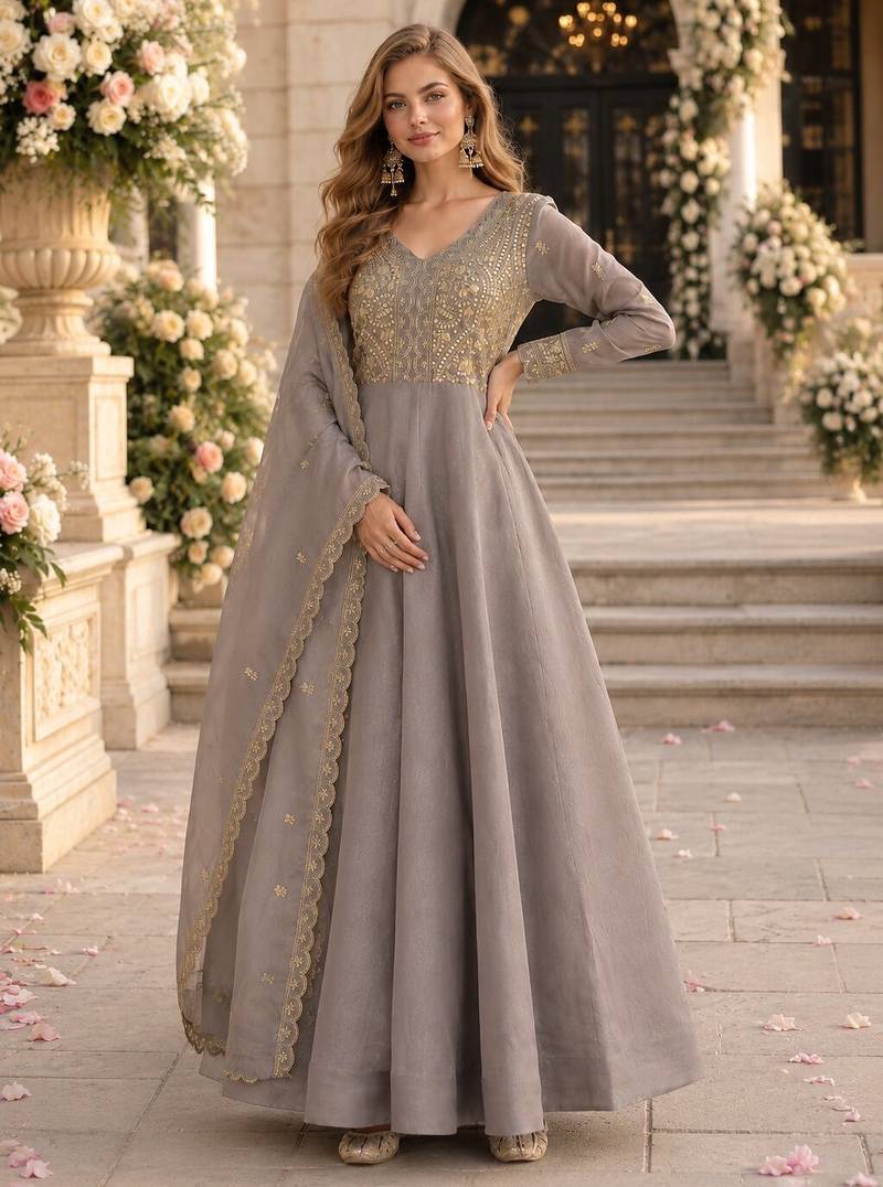 grey silk blend readymade anarkali suit with Sequin & embroidery work