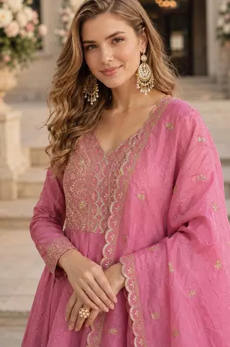 pink silk blend readymade anarkali suit with Sequin & embroidery work