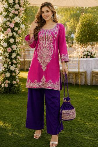 pink viscose readymade suit with zari Sequin & embroidery work