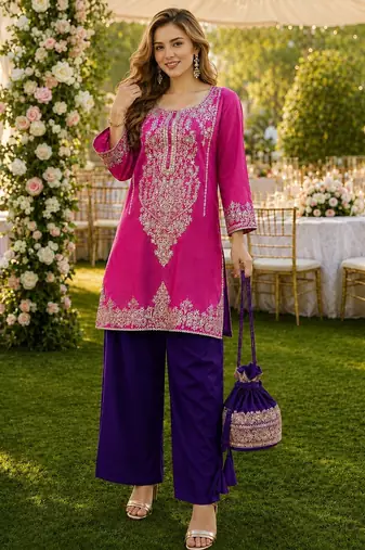 pink viscose readymade suit with zari Sequin & embroidery work