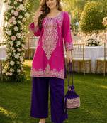 pink viscose readymade suit with zari Sequin & embroidery work