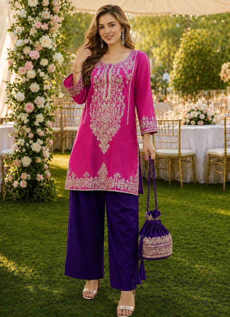pink viscose readymade suit with zari Sequin & embroidery work