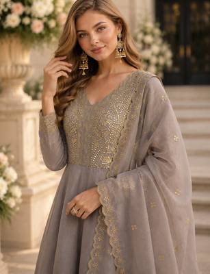 grey silk blend readymade anarkali suit with Sequin & embroidery work 2