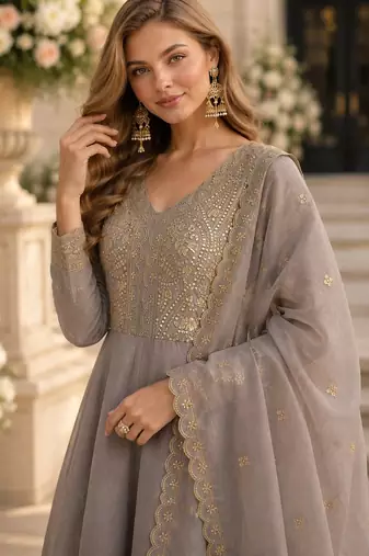 grey silk blend readymade anarkali suit with Sequin & embroidery work
