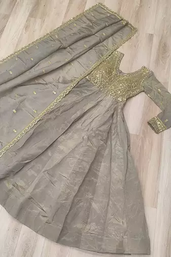 grey silk blend readymade anarkali suit with Sequin & embroidery work