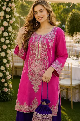 pink viscose readymade suit with zari Sequin & embroidery work