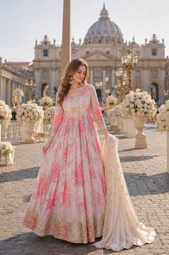 pink silk blend readymade anarkali suit with embroidery & zari Sequin work