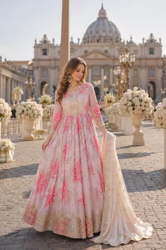 pink silk blend readymade anarkali suit with embroidery & zari Sequin work