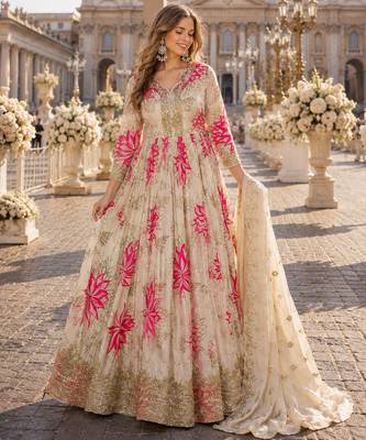 pink silk blend readymade anarkali suit with embroidery & zari Sequin work 1