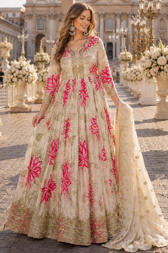 pink silk blend readymade anarkali suit with embroidery & zari Sequin work