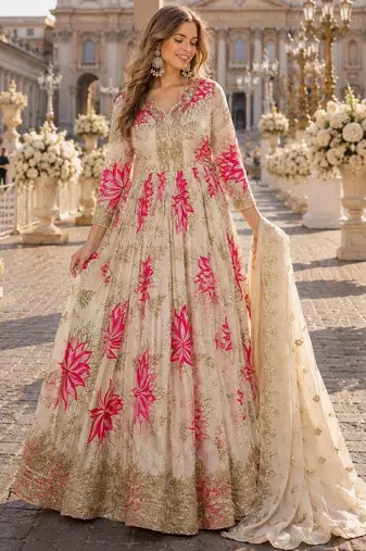 pink silk blend readymade anarkali suit with embroidery & zari Sequin work