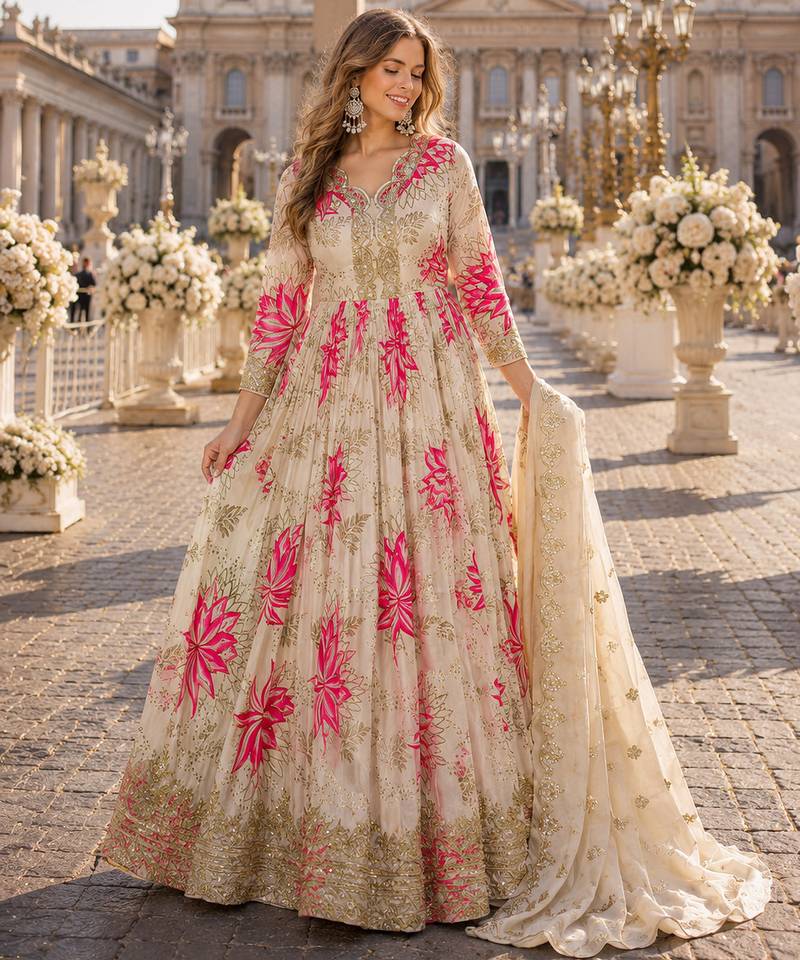 pink silk blend readymade anarkali suit with embroidery & zari Sequin work