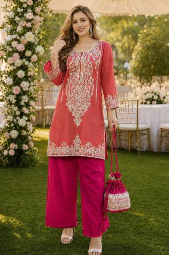 peach viscose readymade suit with zari Sequin & embroidery work