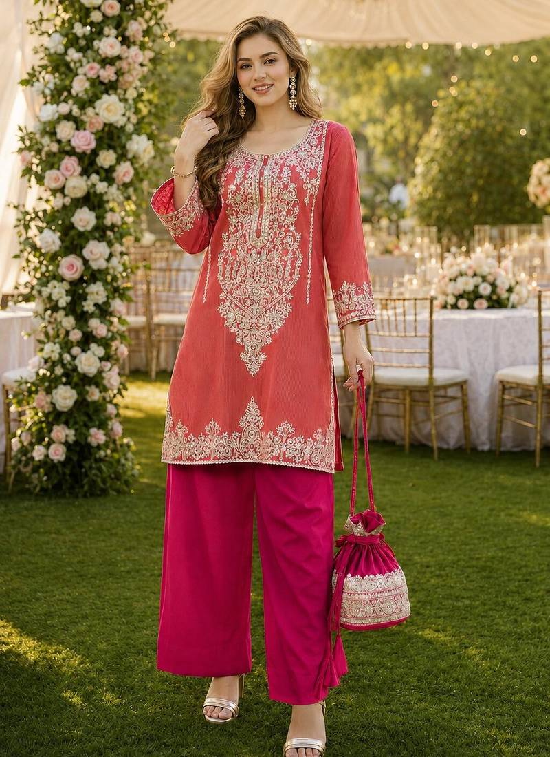 peach viscose readymade suit with zari Sequin & embroidery work