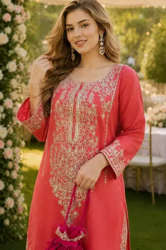 peach viscose readymade suit with zari Sequin & embroidery work