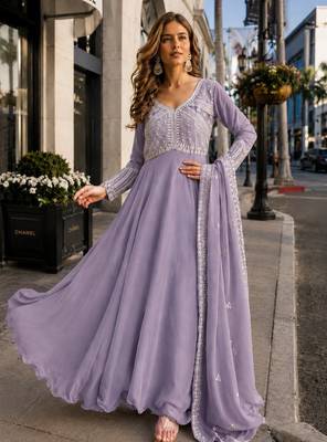 lavender georgette readymade anarkali suit with beads & embroidery work 1