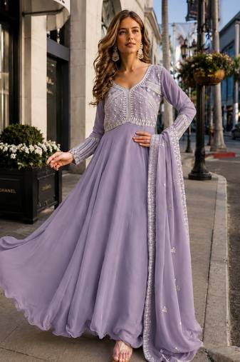 lavender georgette readymade anarkali suit with beads & embroidery work