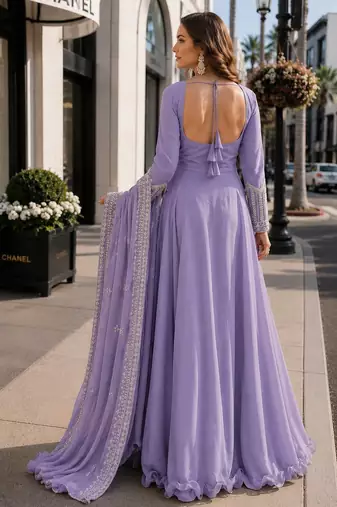 lavender georgette readymade anarkali suit with beads & embroidery work