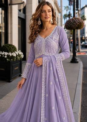 lavender georgette readymade anarkali suit with beads & embroidery work 3